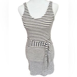 EVERLY black/cream striped tank style fitted dress with waist tie, size S